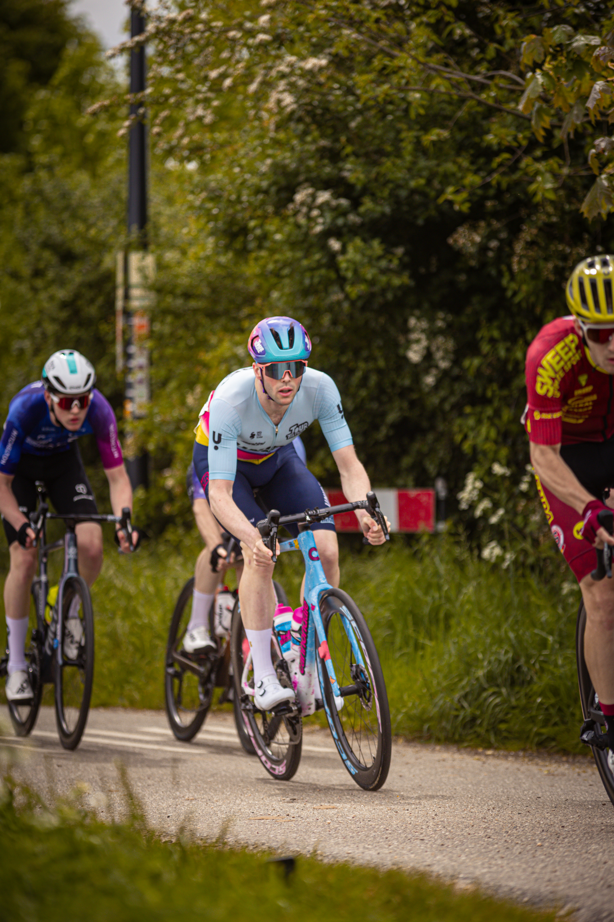 Three cyclists are riding on a road near trees and bushes.