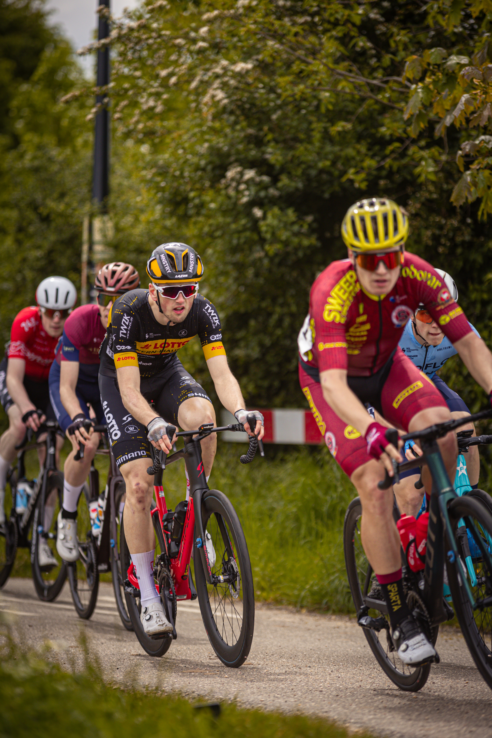 Several cyclists are riding down a road as part of the Ronde van Overijssel race.