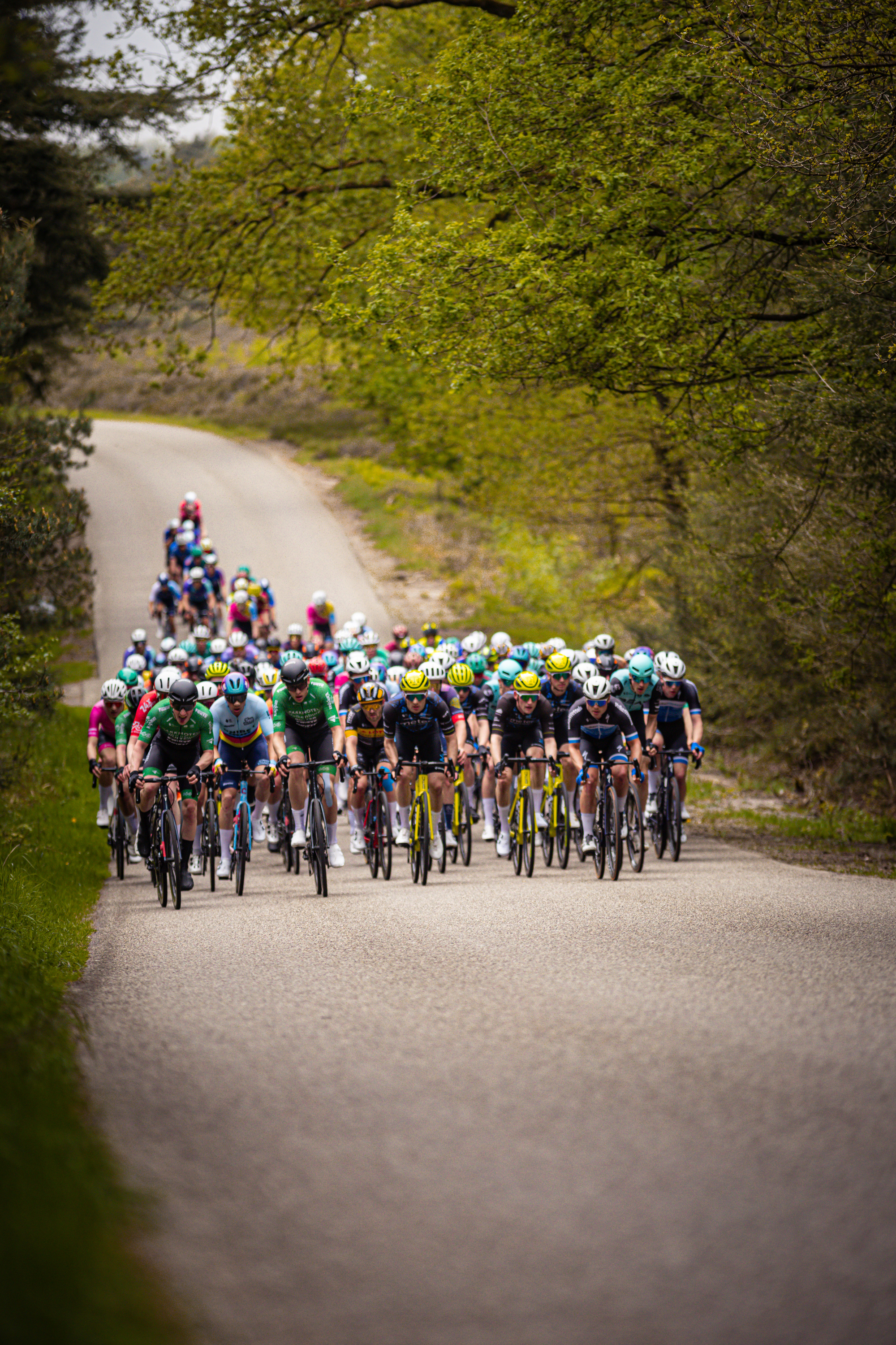 A group of cyclists riding together on a gravel road.