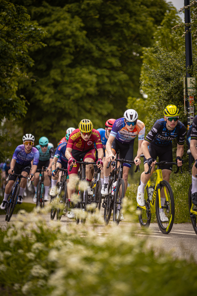 A group of bicyclists, some wearing helmets and all on road bikes with yellow accents. They are riding in a line.