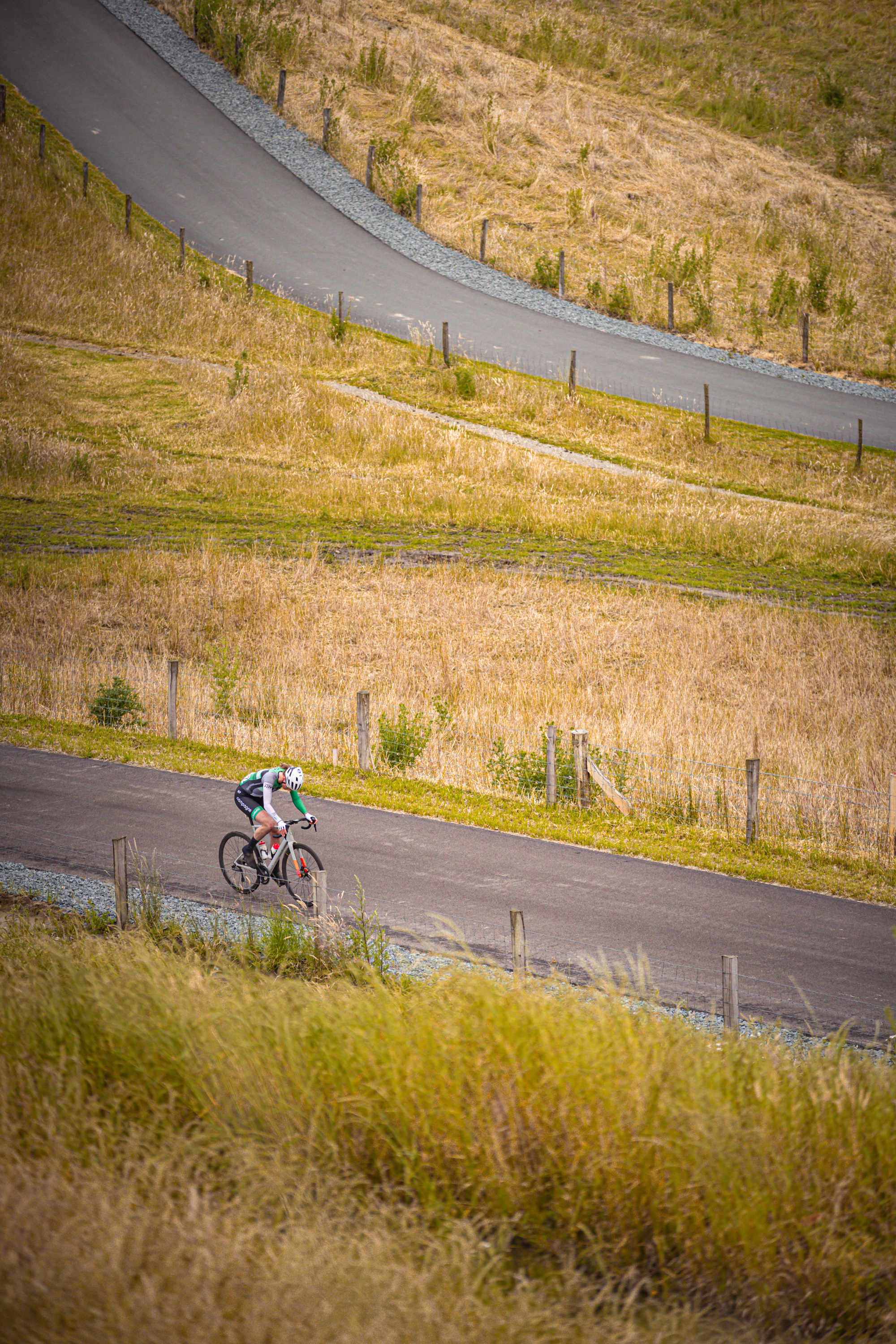 A cyclist on a race track with yellow grass is sponsored by Dames Elite ZC.