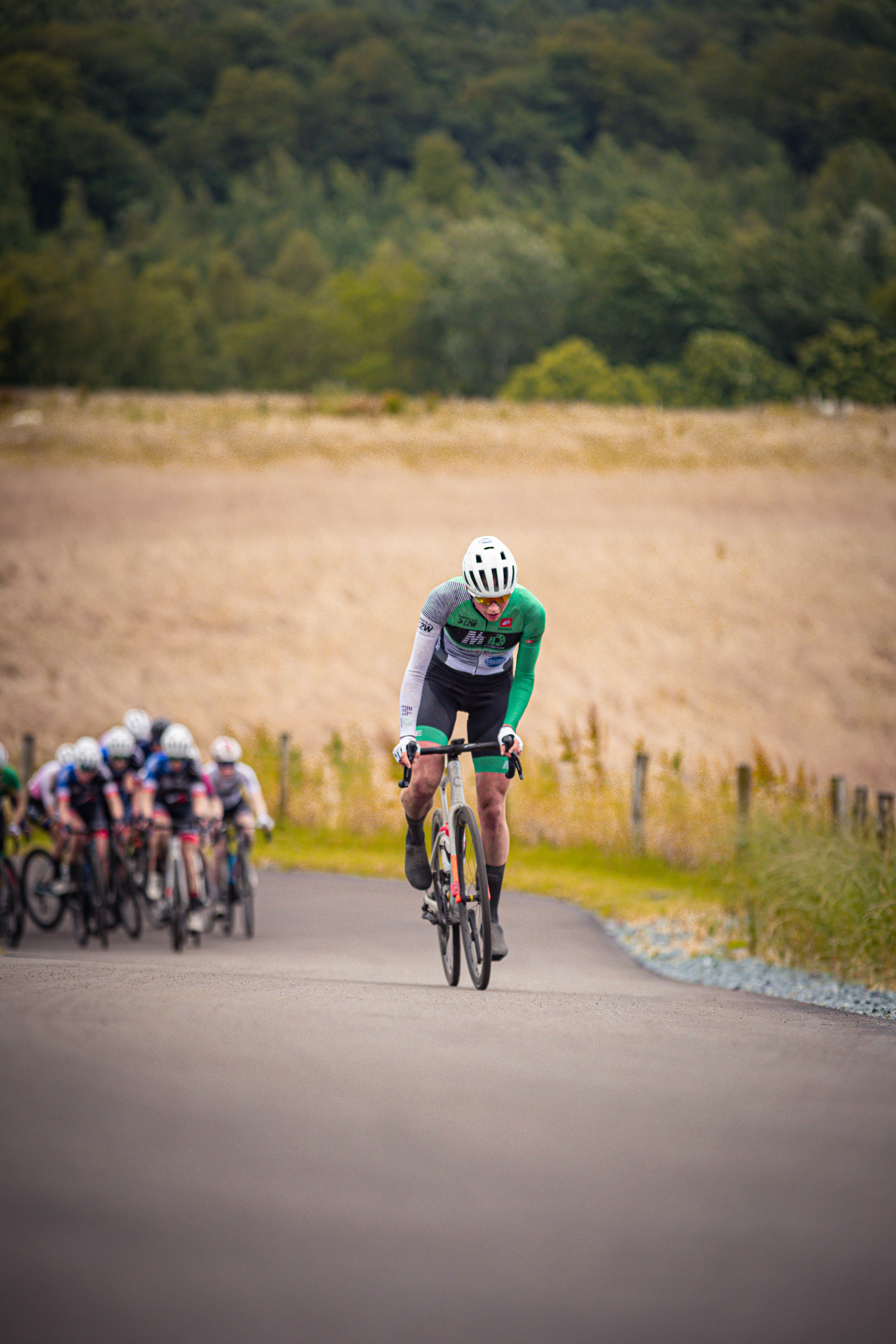 A man in a green jersey and black shorts is riding a bike on a road.