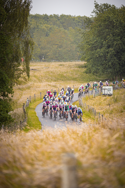 Bikers riding through a field with the Nederlands Kampioenschap logo in the background.