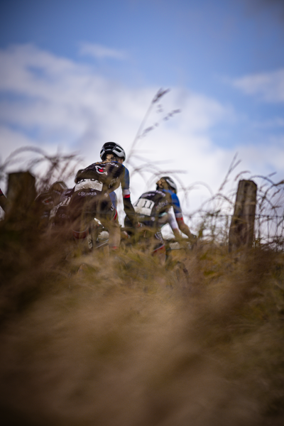 Two cyclists are riding through a field of grass. They are wearing blue and white jerseys with the number 8 on the front.