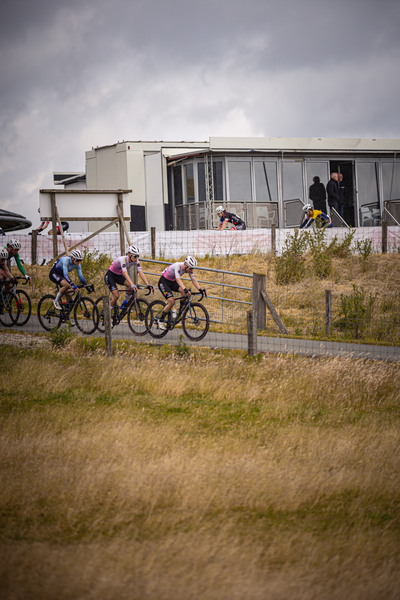 A group of cyclists wearing numbers race down a road.