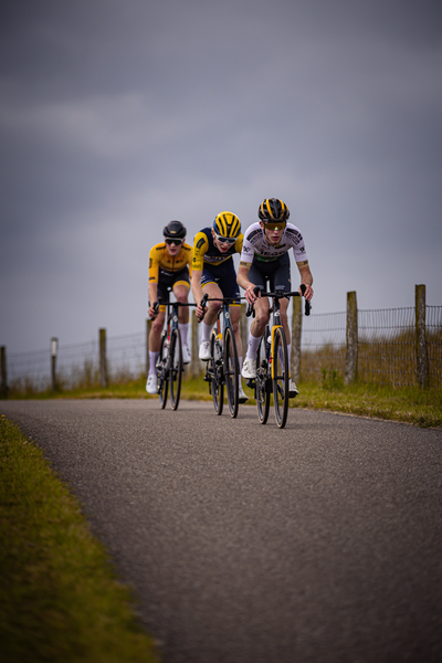 Three cyclists are riding down a road, one of them in the lead. They are wearing yellow and black helmets.