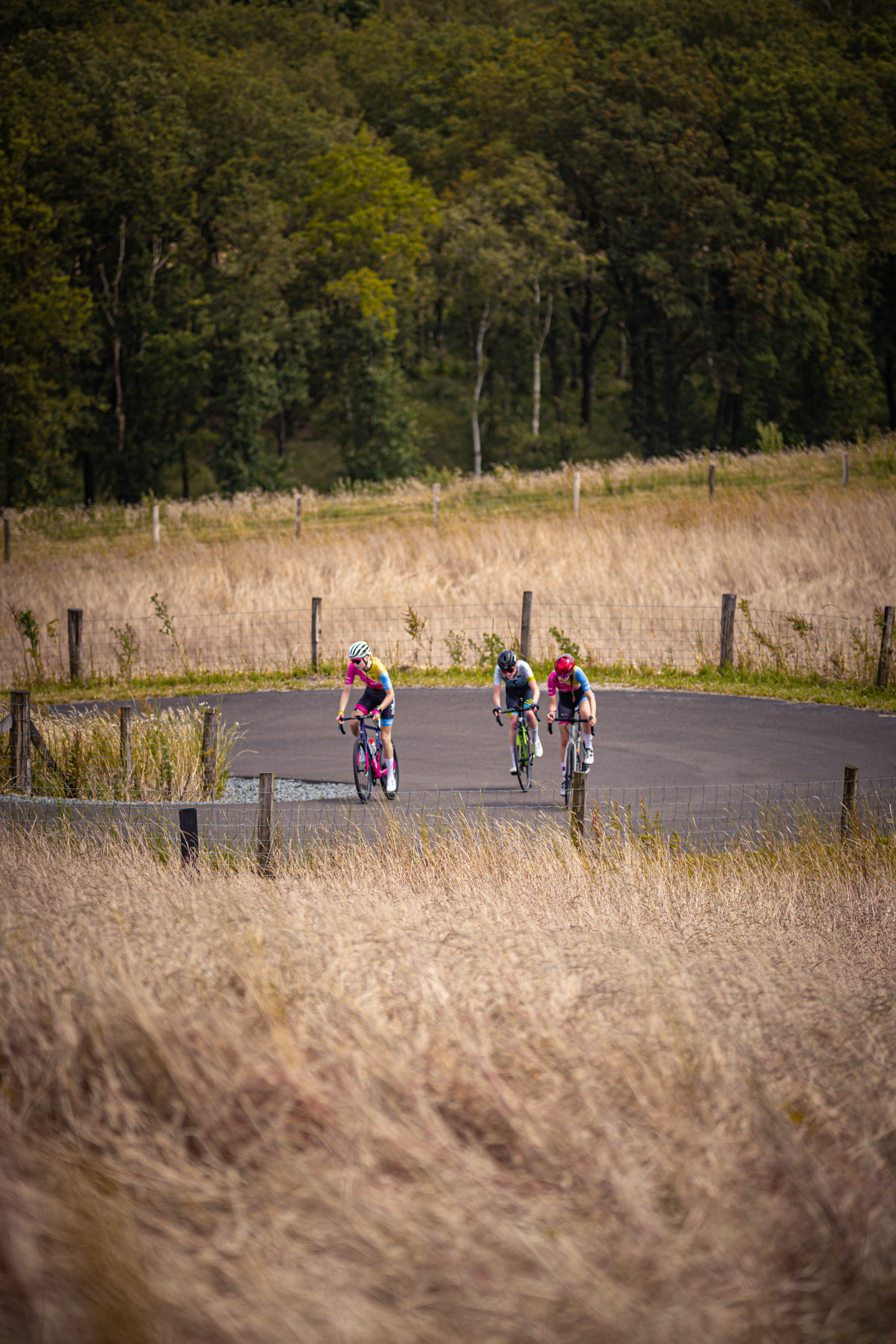 Three cyclists on the road, one of whom is wearing a headpiece with a pink flower.