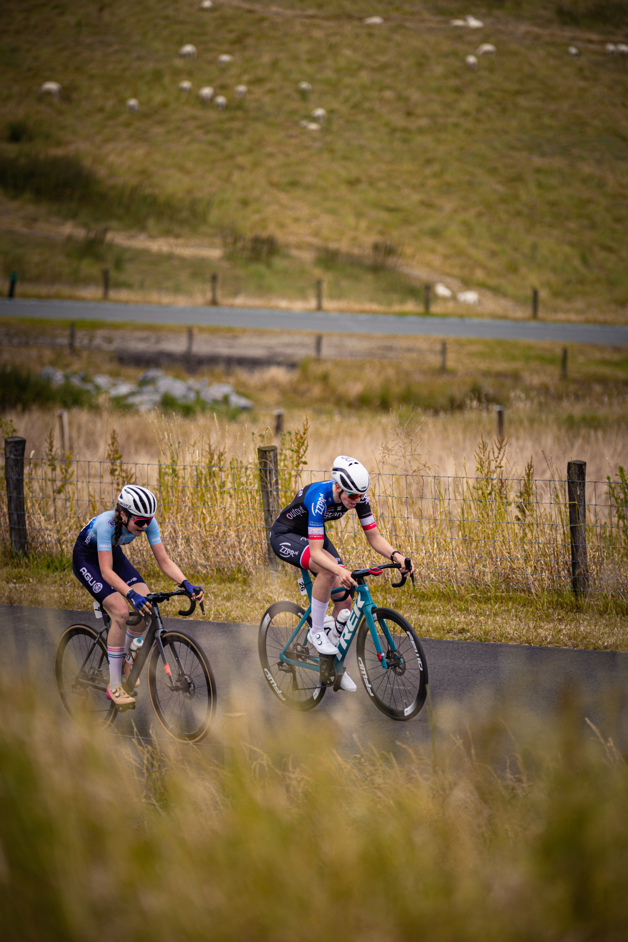 Two women are riding bicycles down a road. One of them is wearing a blue jersey with the number 23 on it.