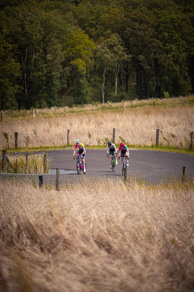 Three cyclists on the road, one of whom is wearing a headpiece with a pink flower.