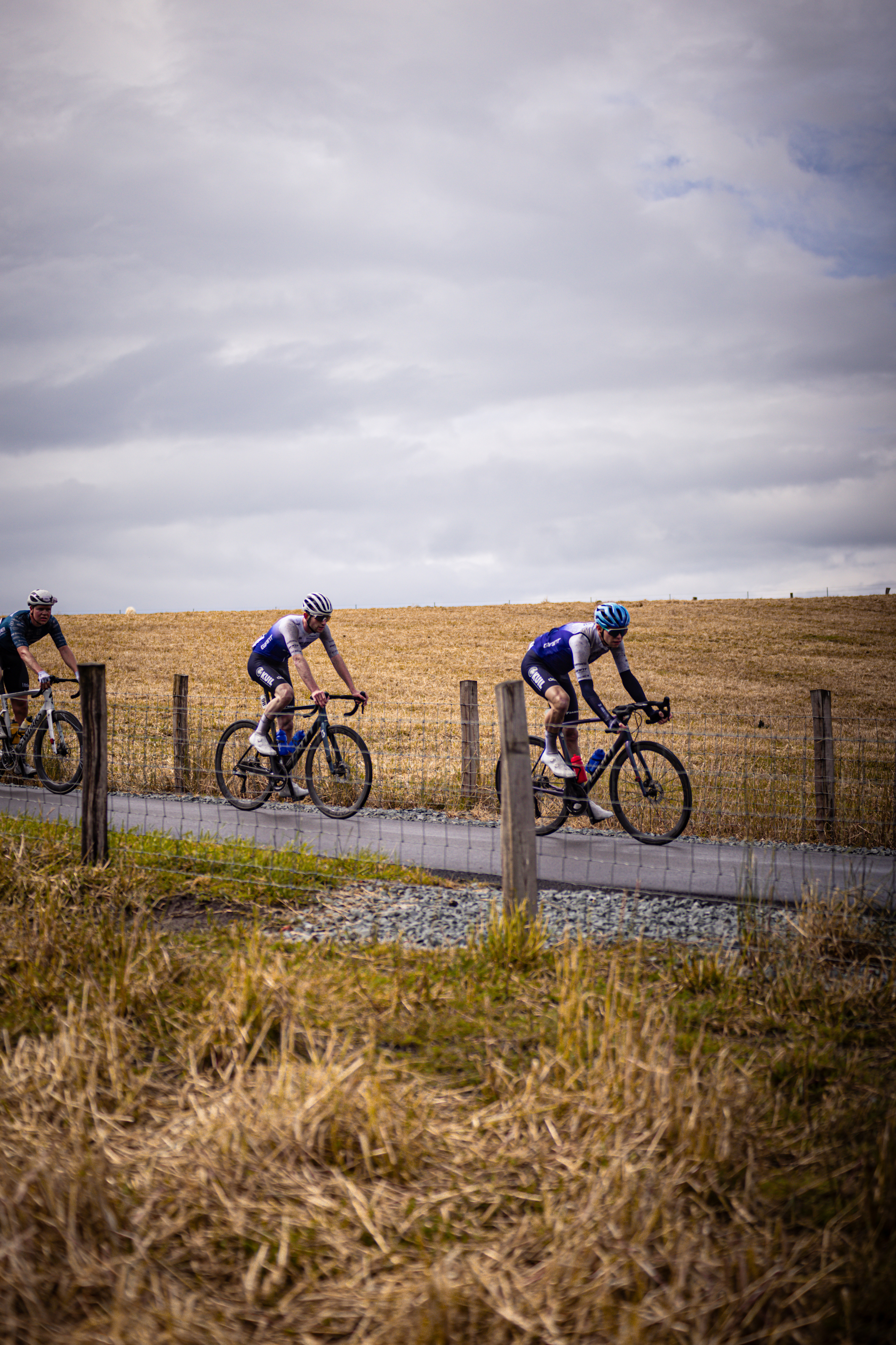 Three cyclists are racing on a road with a fence and field of grass in the background.