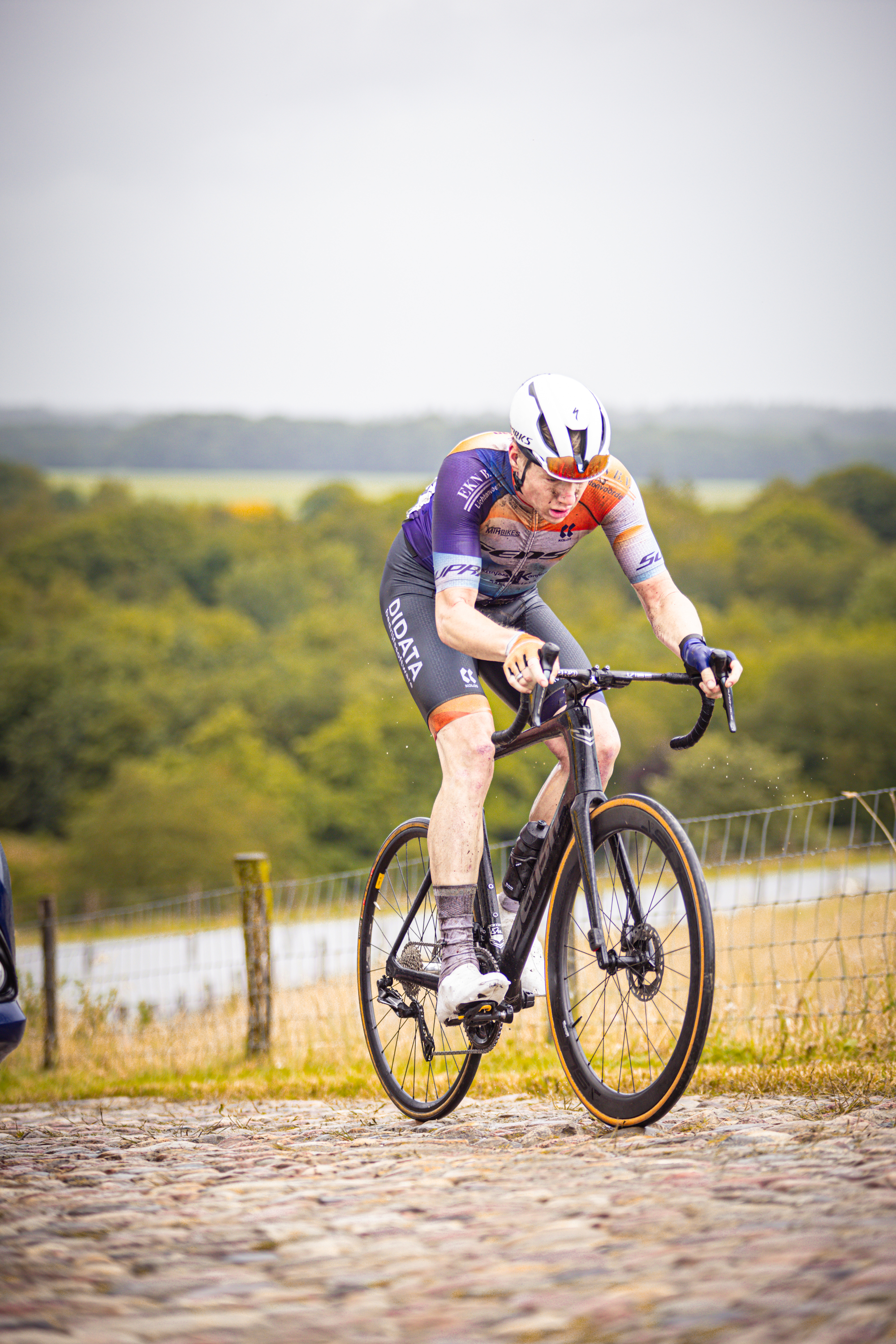 A man on a bicycle with the number 7 on his helmet.