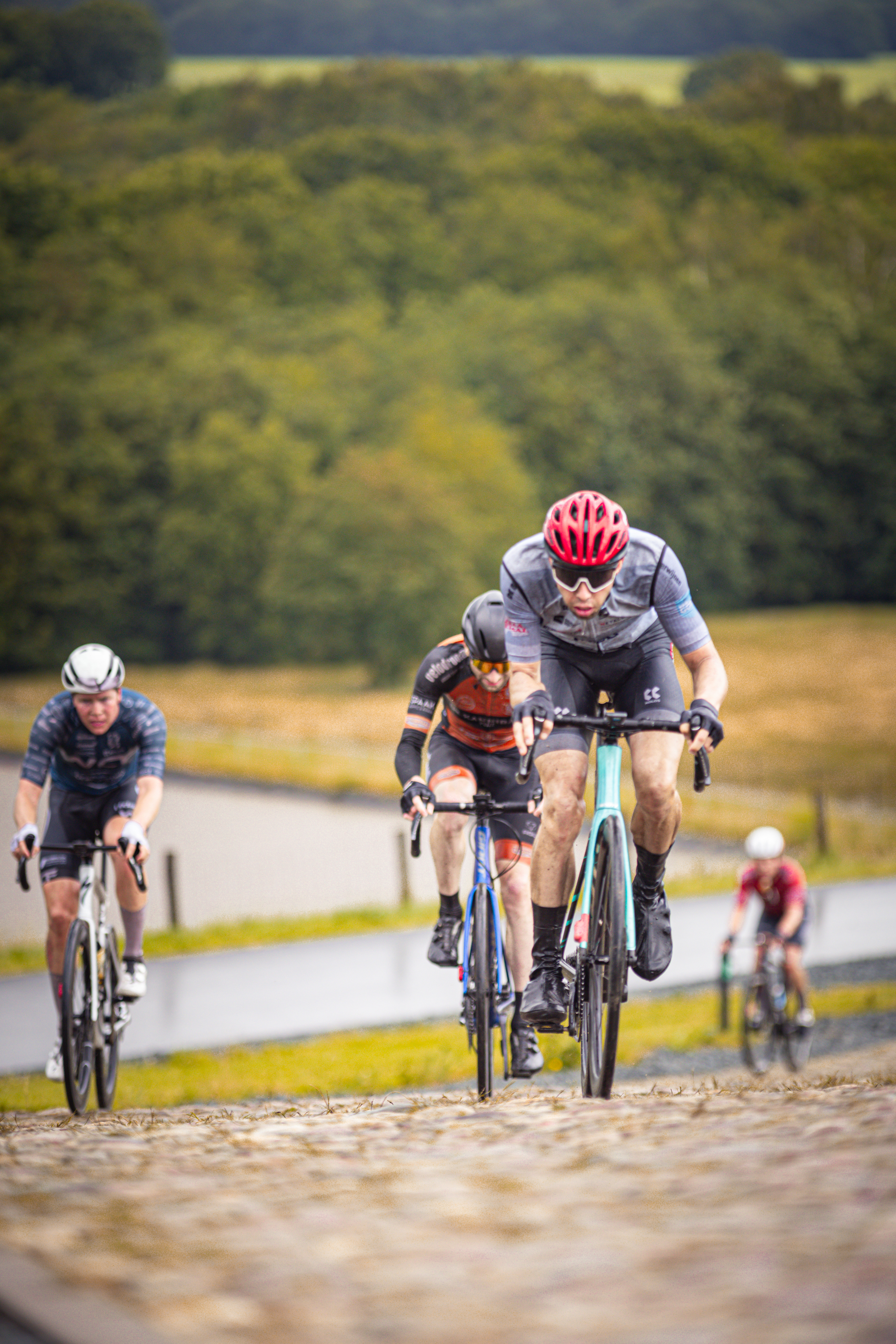 A man in a blue jersey is riding up the cobblestone road of the Nederlands Kampioenschap.