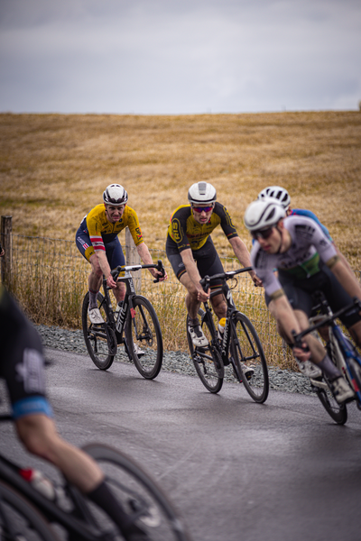 Three cyclists race through a field of tall grass.