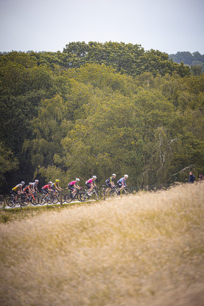 A cycling race with a group of cyclists competing on a road.