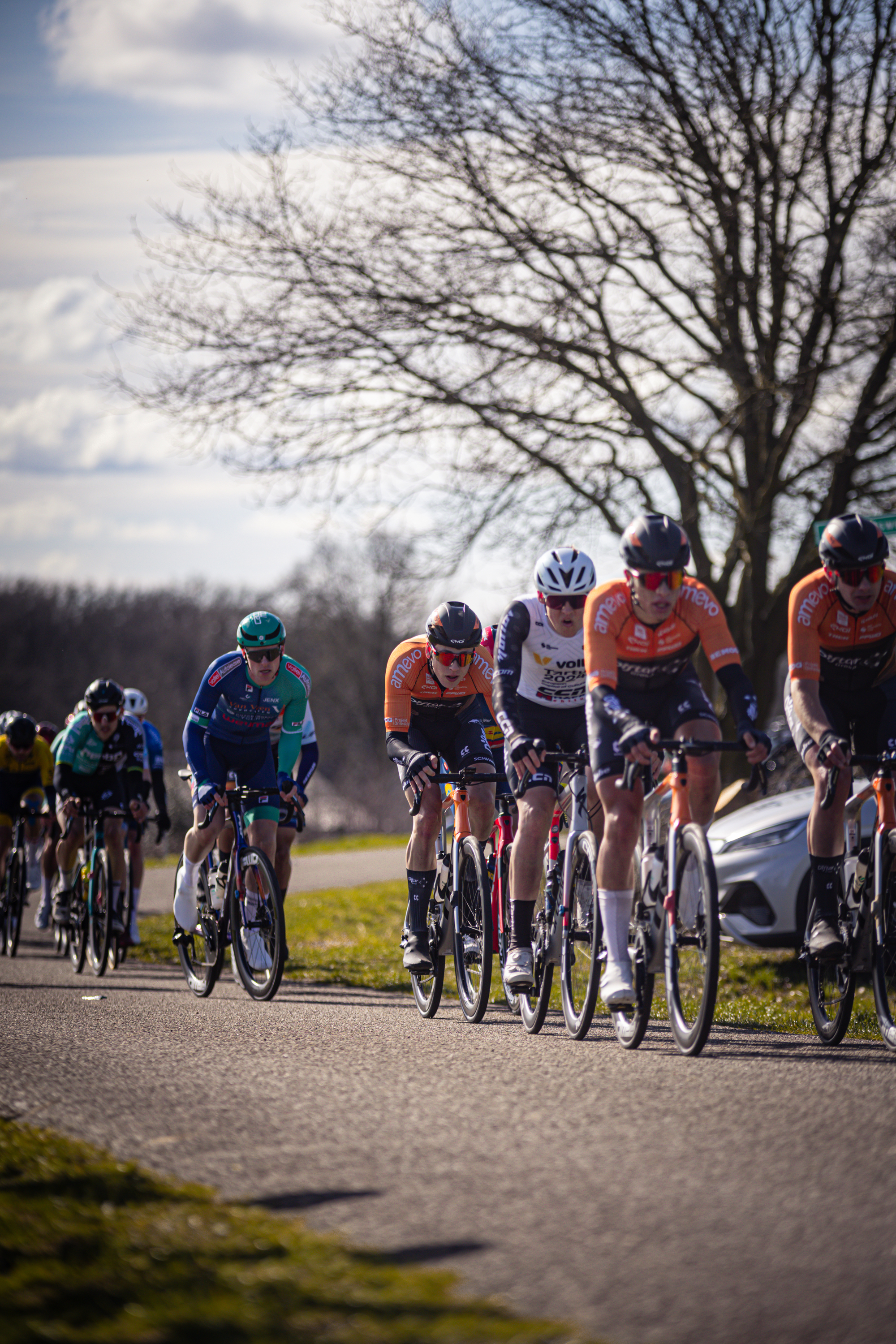 A group of cyclists wearing orange and black jerseys race down a street.