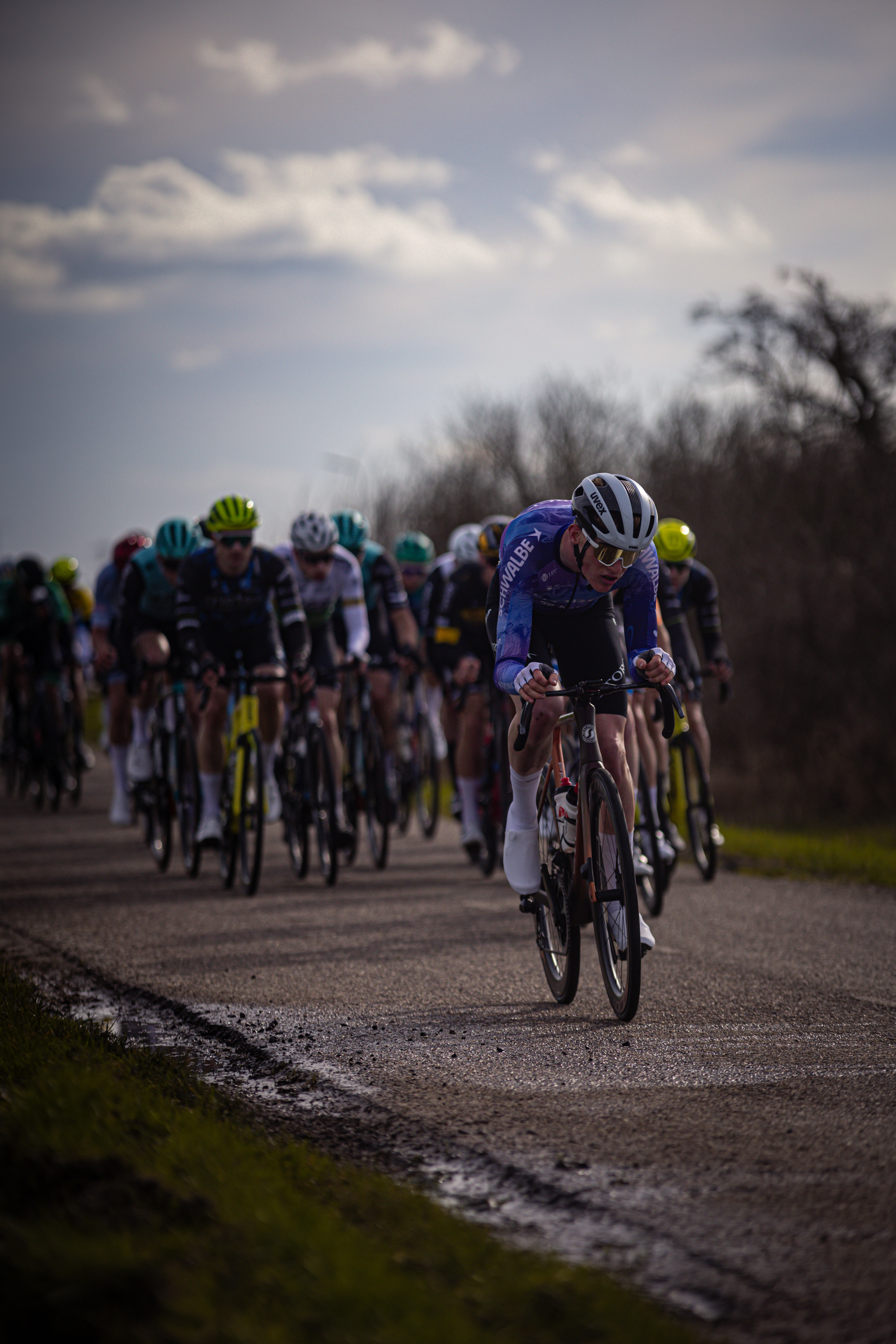 A group of cyclists, all wearing helmets and jerseys with numbers on them, race down a street.