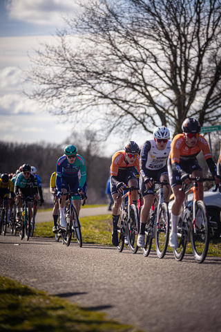 A group of bicycle racers are riding down a road in the Netherlands.