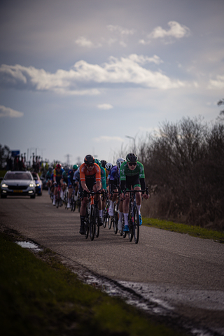 A group of cyclists racing down a road, one of the cyclists is wearing a green jersey with Ster van Zwolle on it.