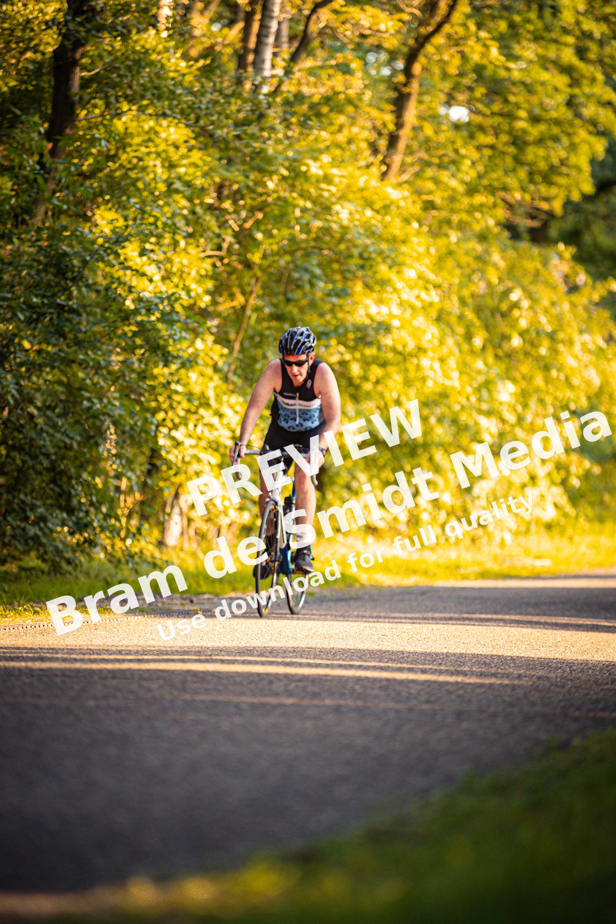 A woman is riding a bike down the road in a yellow forest.