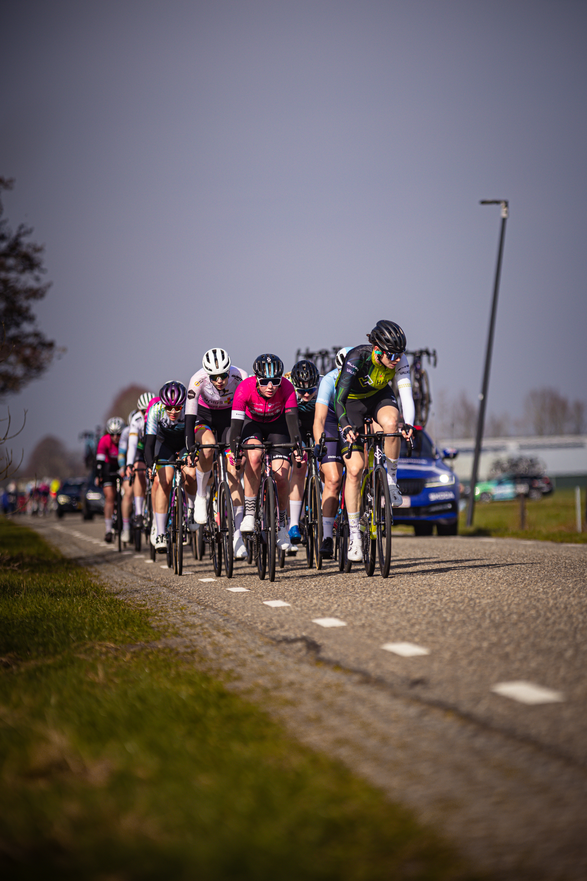 A group of cyclists race down a road during the Drentse 8 van Westerveld.