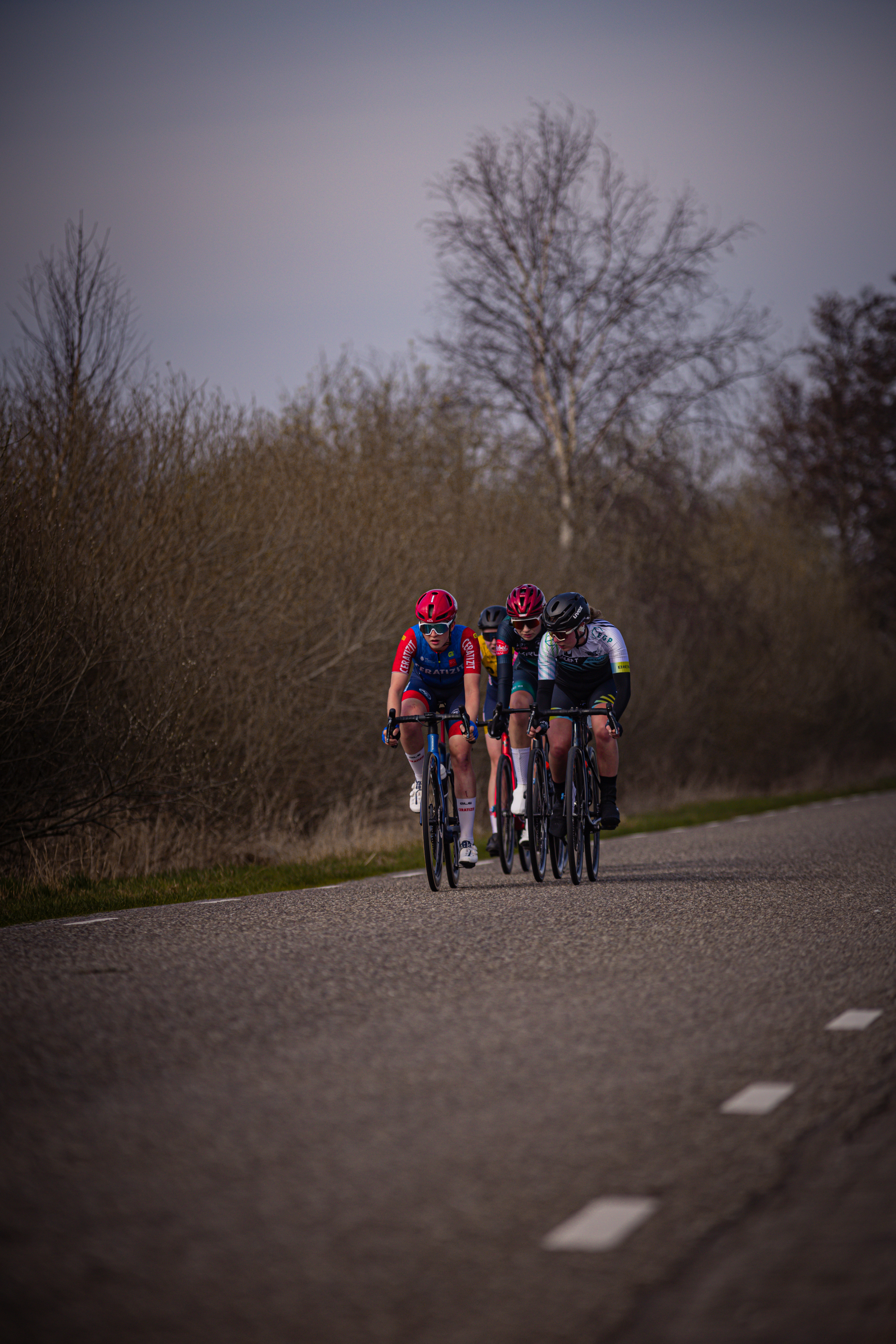 A group of cyclists are riding on the road in preparation for the Drentse 8 van Westerveld.