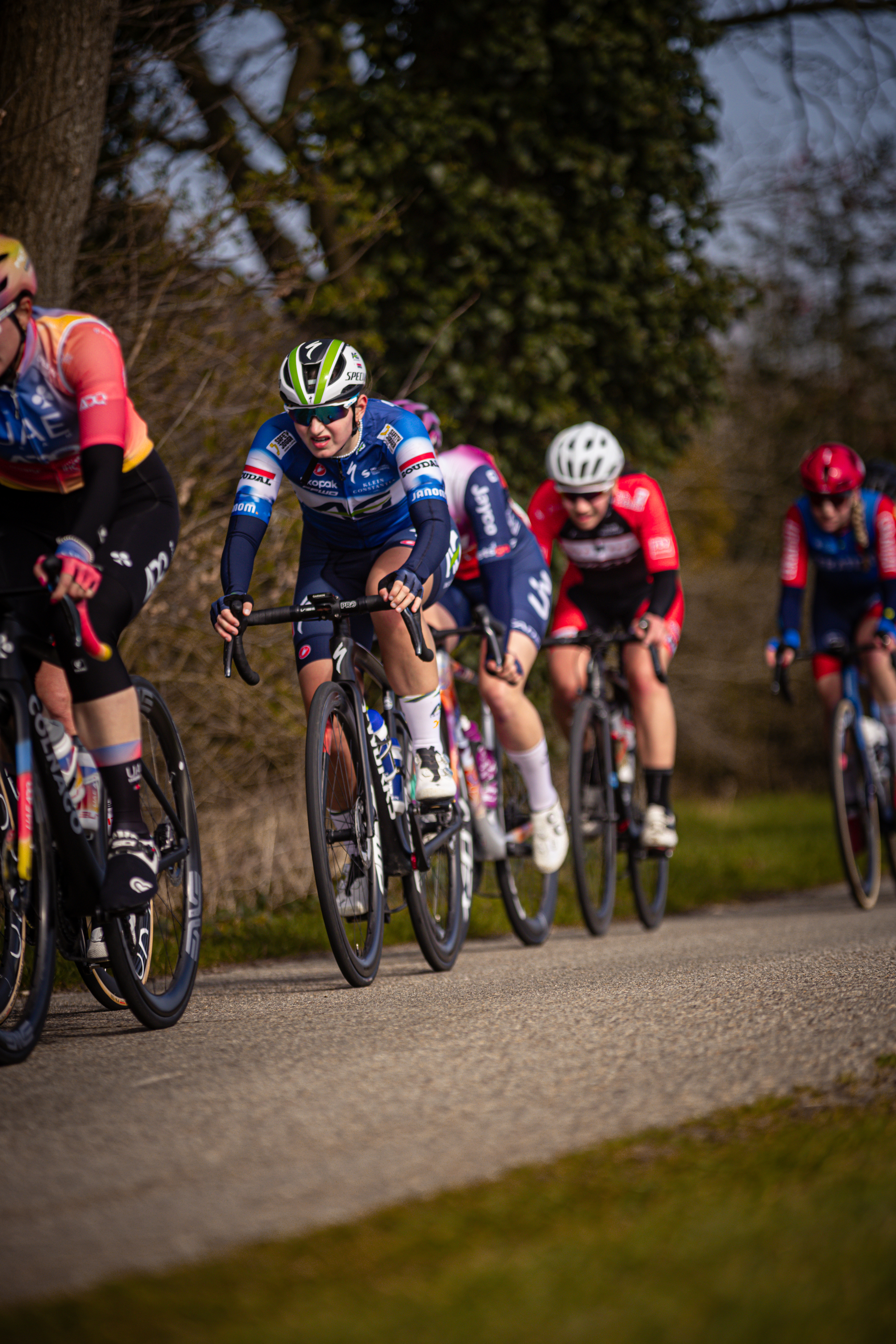 A group of cyclists race down a dirt road during the Drentse 8 van Westerveld.