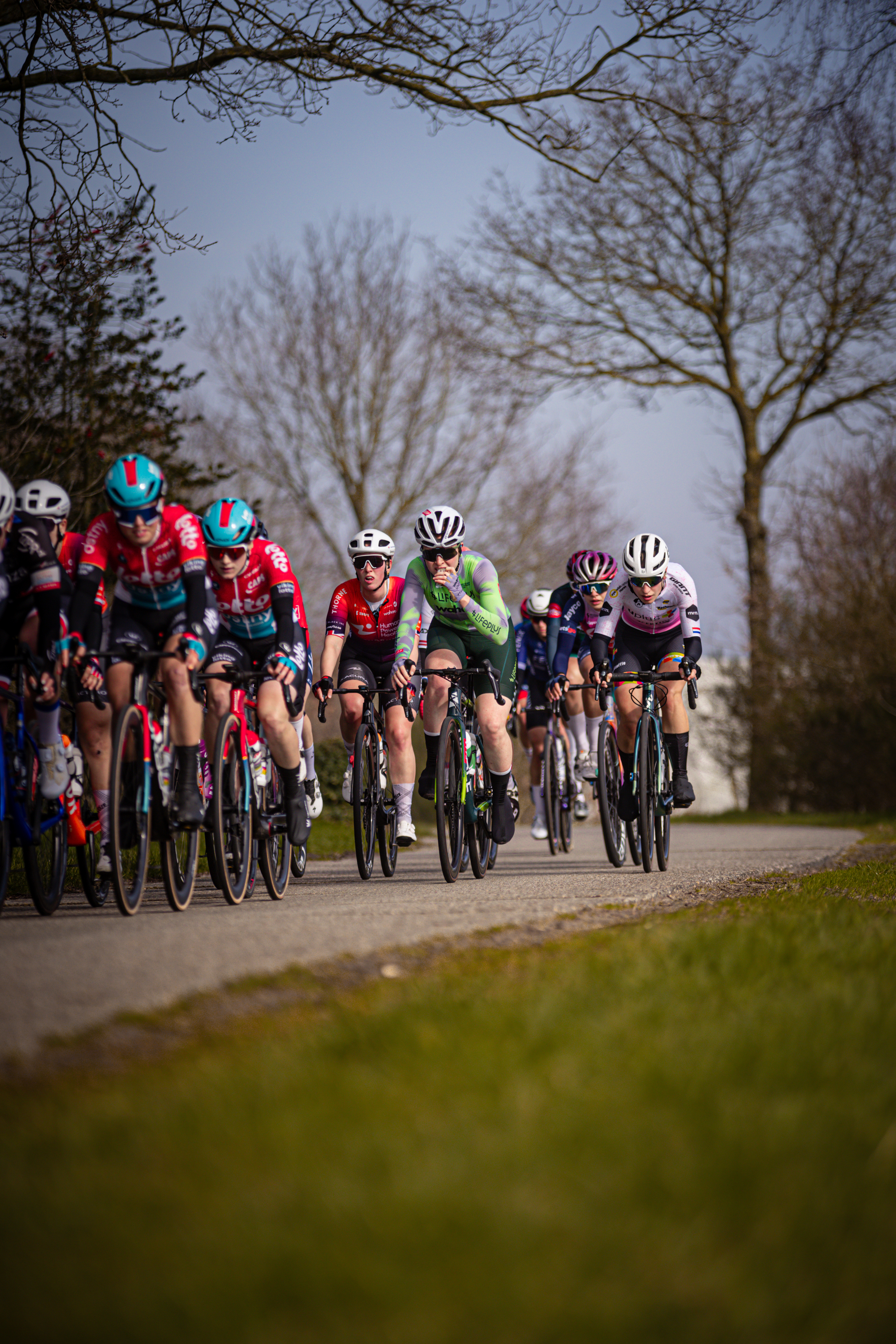 A group of cyclists are riding on a road during the Drentse 8 van Westerveld.