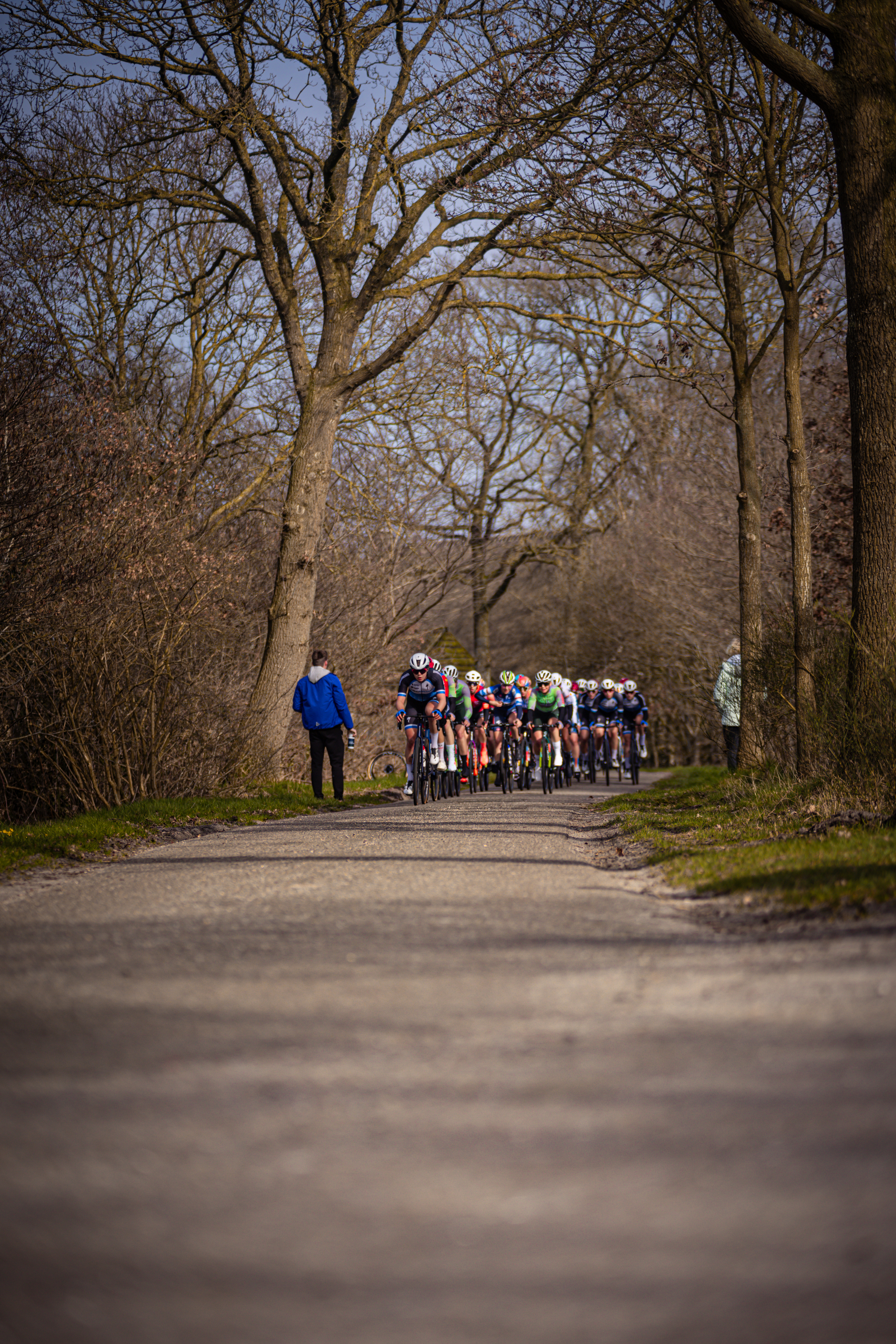 A group of bicyclists is riding down a road during the Drentse 8 van Westerveld race.