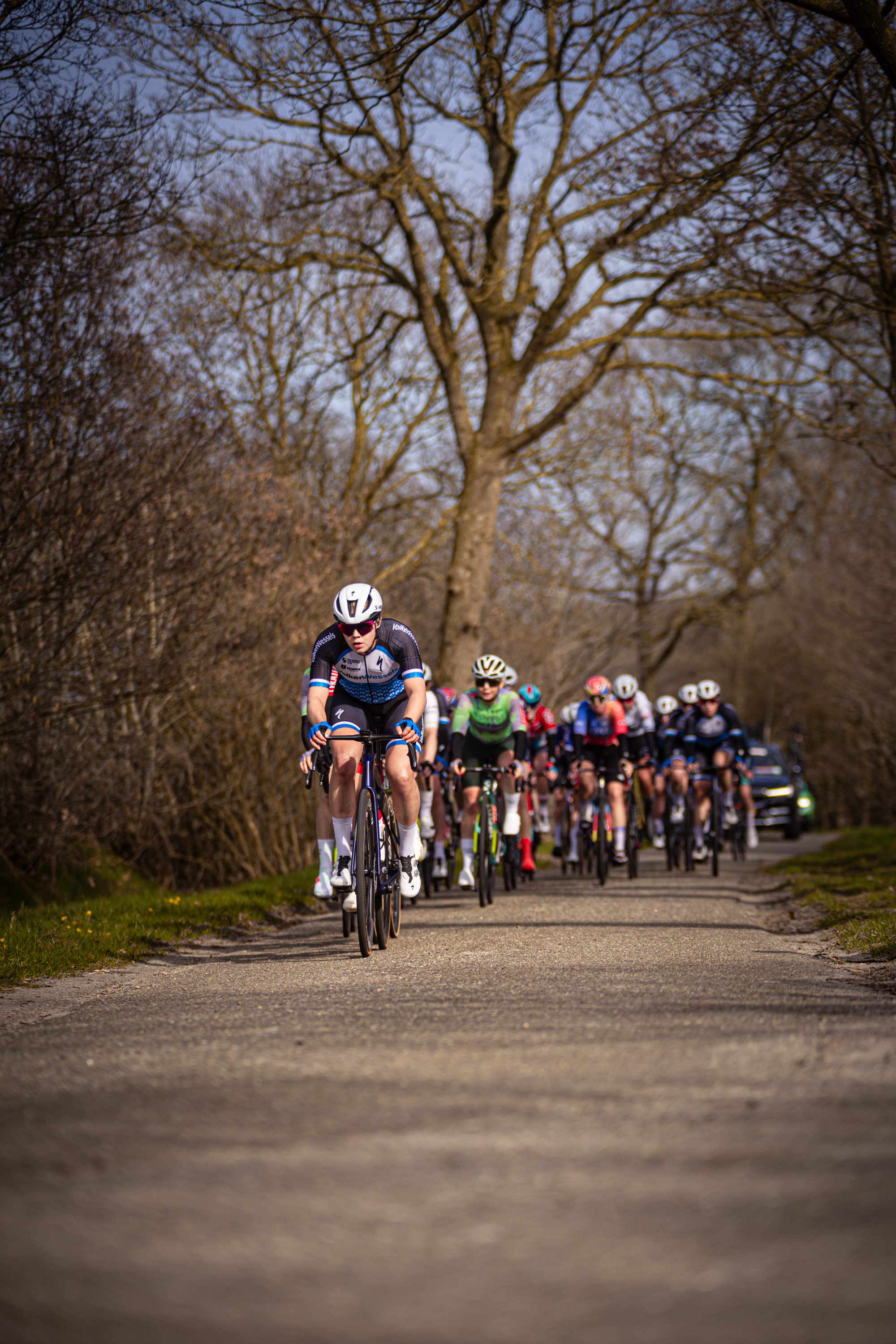 A group of cyclists are riding down a path in the woods during the Drentse 8 van Westerveld event.