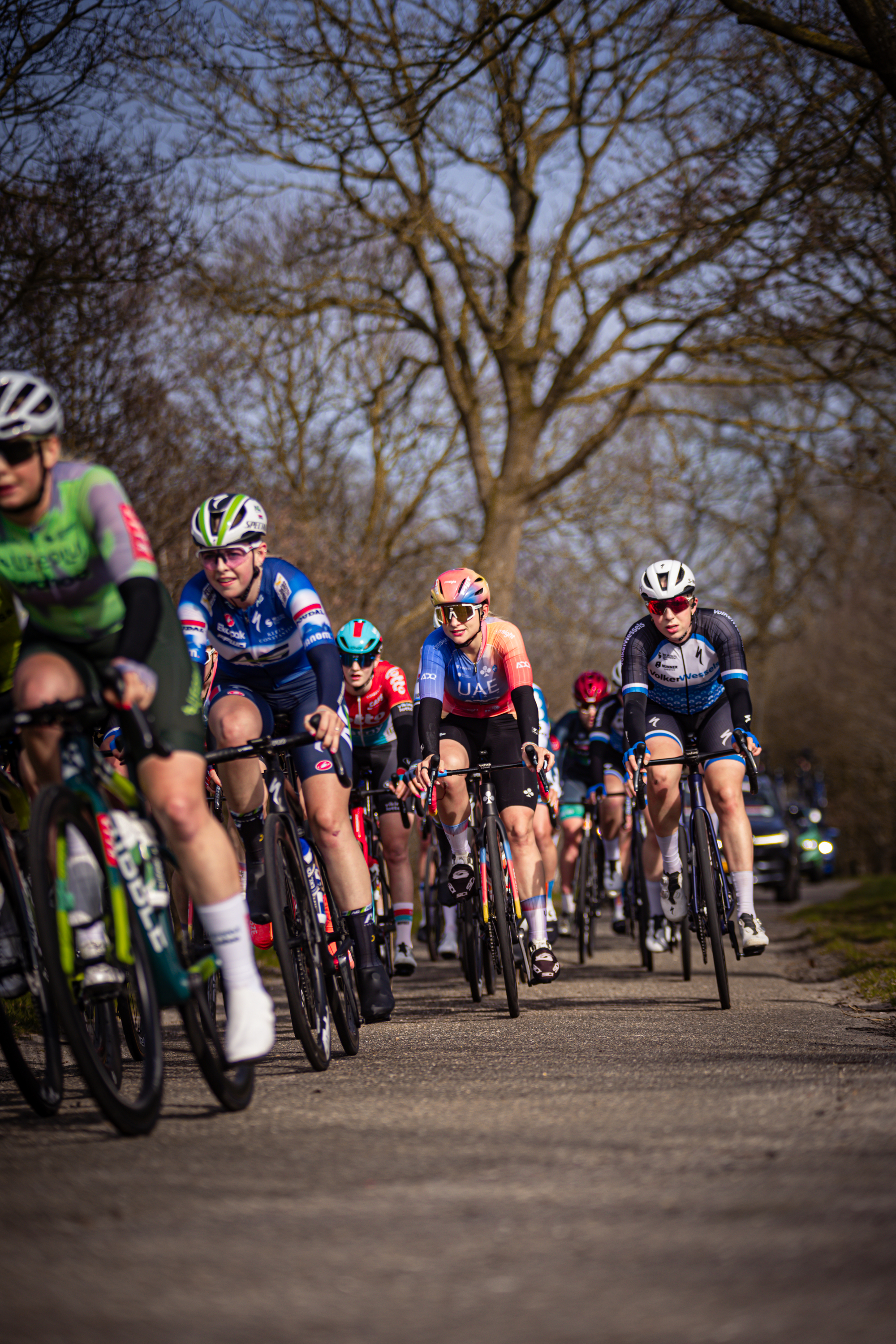 A group of bicycle racers on a race course in the Netherlands.