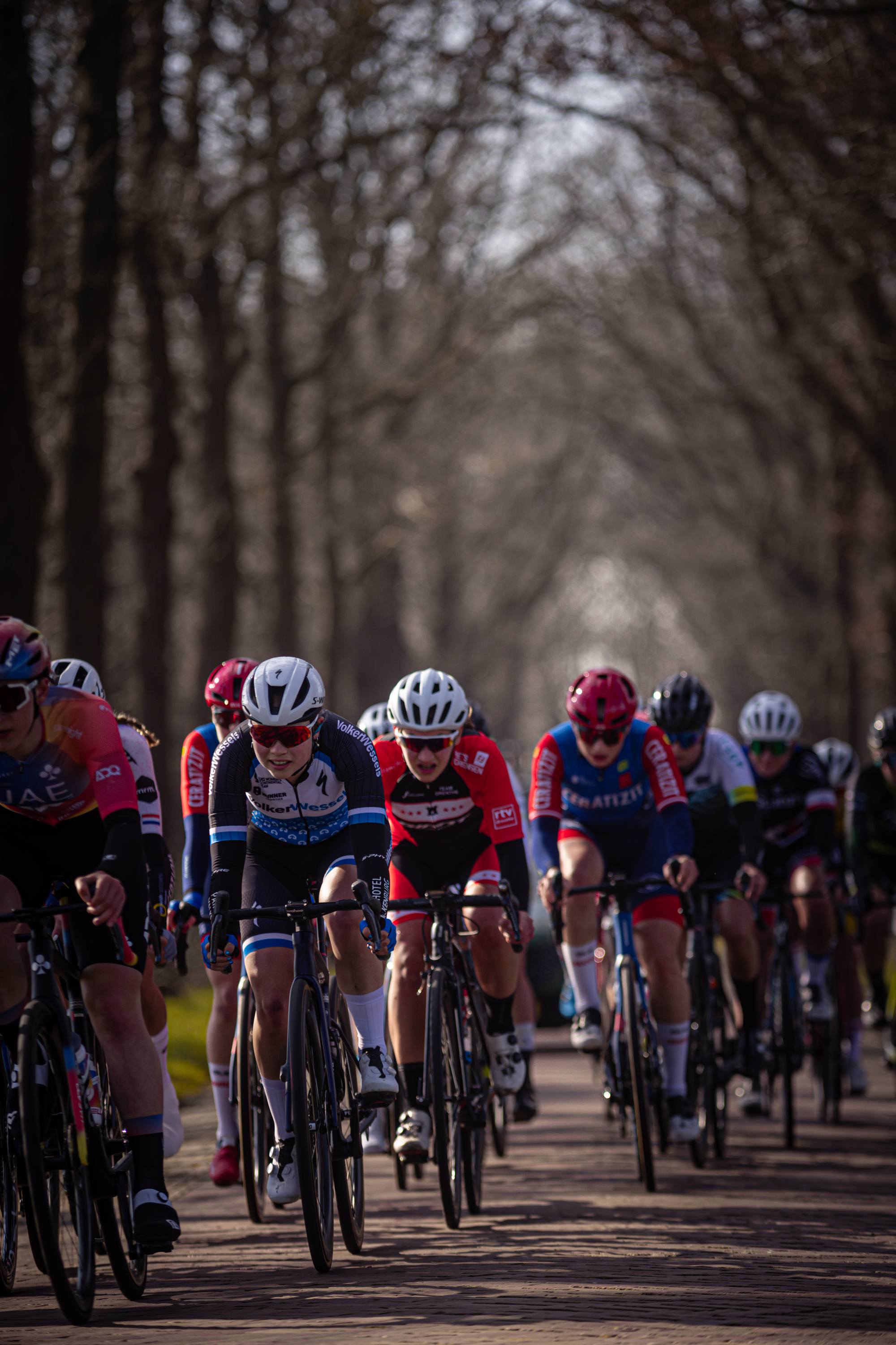 Bicyclists race down a dirt road in the Drentse 8 van Westerveld competition.