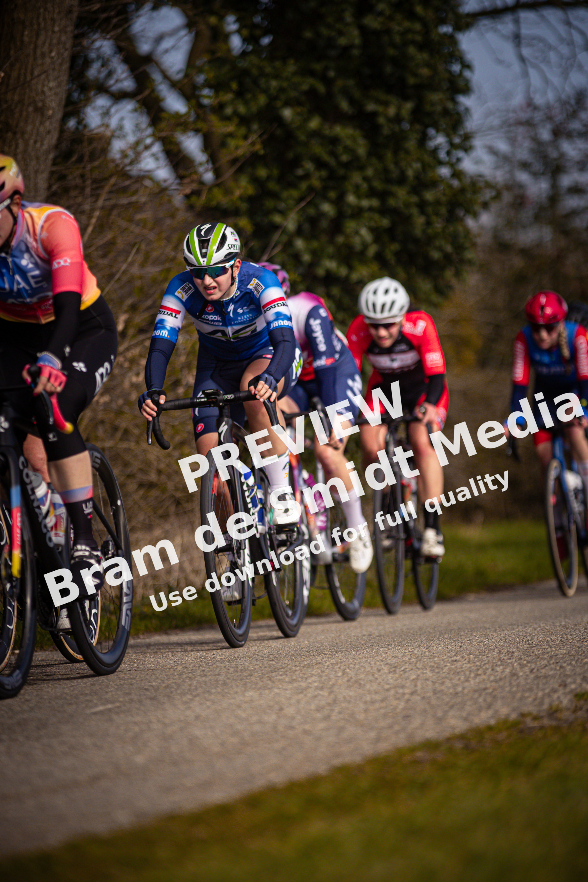 A group of cyclists race down a dirt road during the Drentse 8 van Westerveld.
