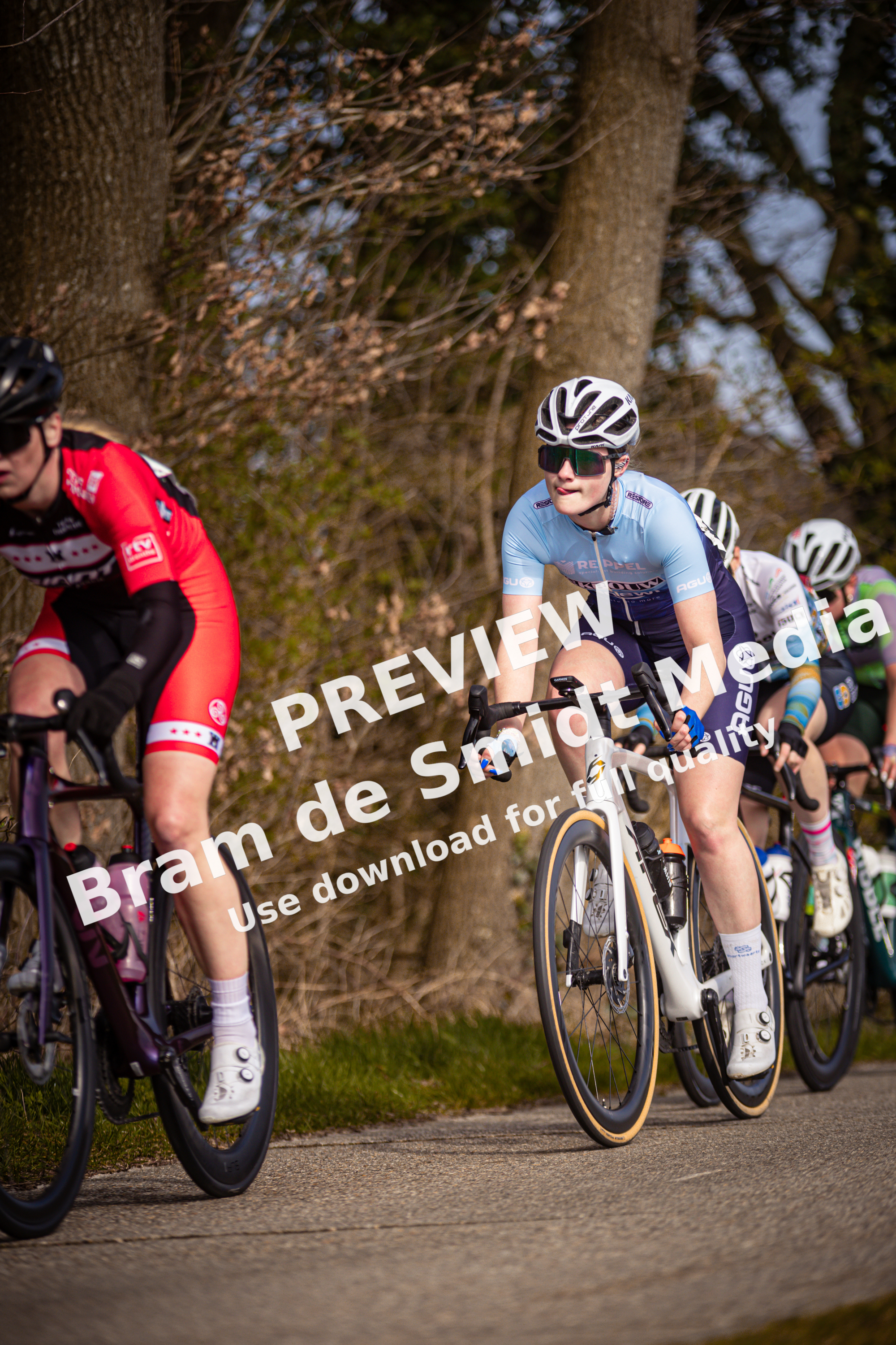 A group of cyclists race down a path on a sunny day.