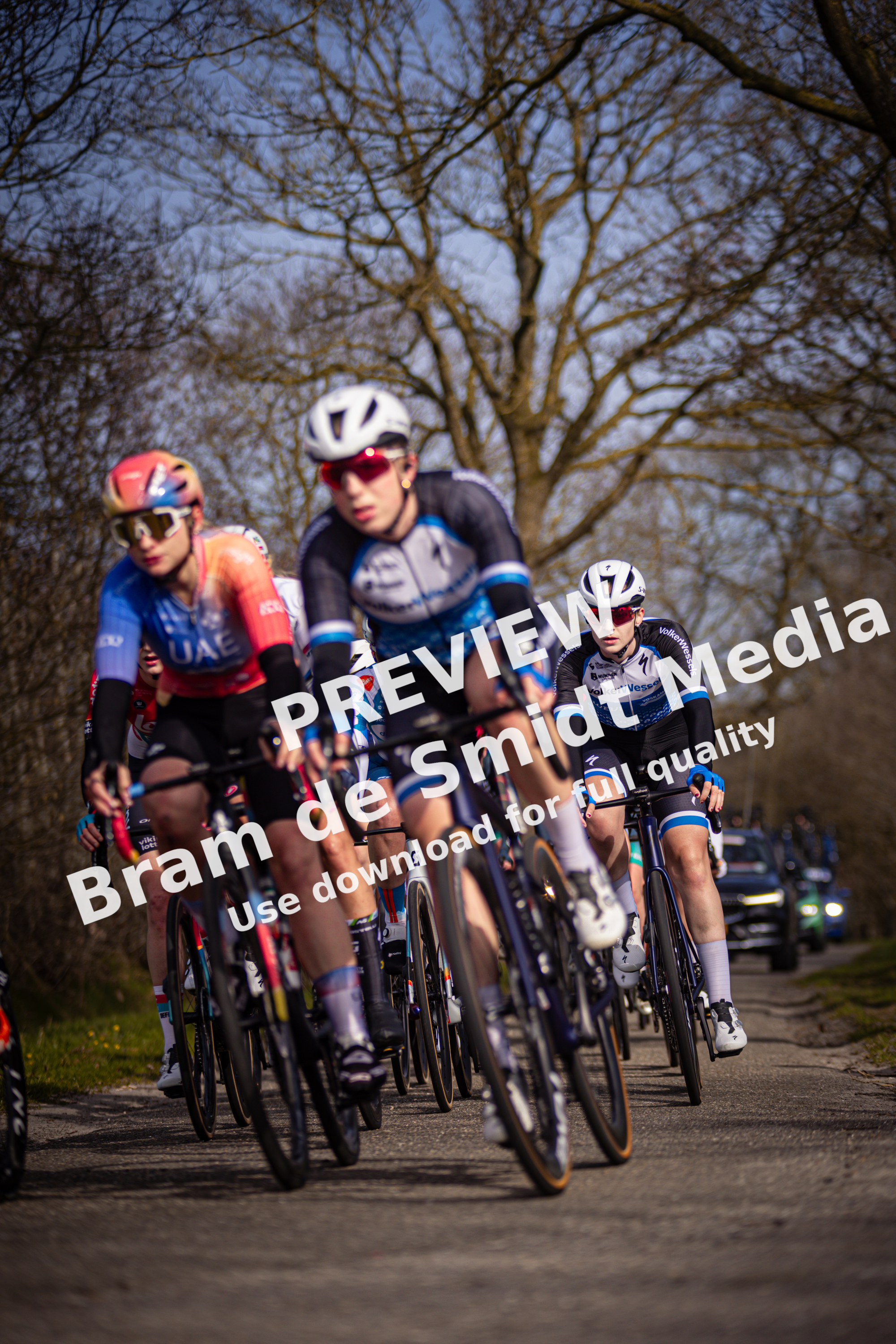A group of cyclists are racing on a road in Drentse 8 van Westerveld, Netherlands.