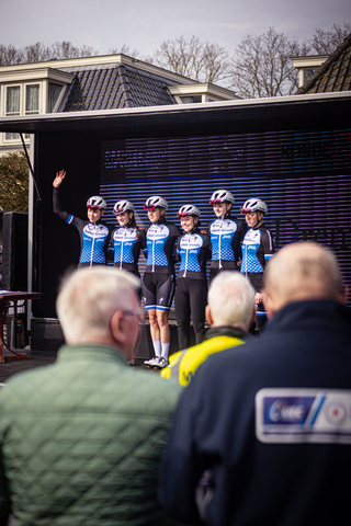 A group of cyclists on stage in Drentse 8 van Westerveld.