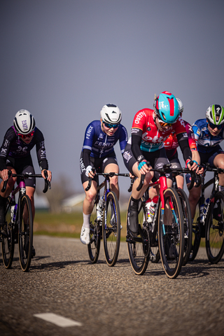 Four cyclists, all wearing helmets and riding different bikes, are racing down the road.