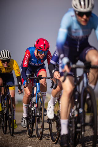 A group of cyclists racing during the Drentse 8 Van Westerveld event in 2024.