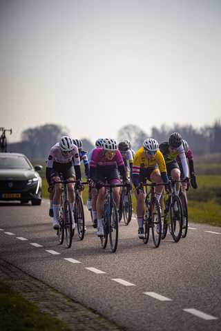 A group of cyclists race down the road with cars behind them.