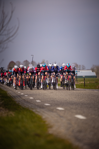 A group of cyclists race down a road as the event is sponsored by a Dutch company.