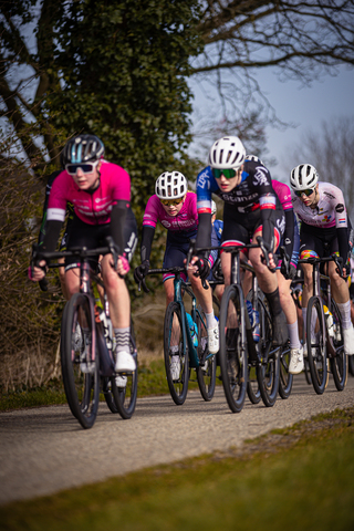 A group of cyclists race down a road on the Drentse 8 van Westerveld event.