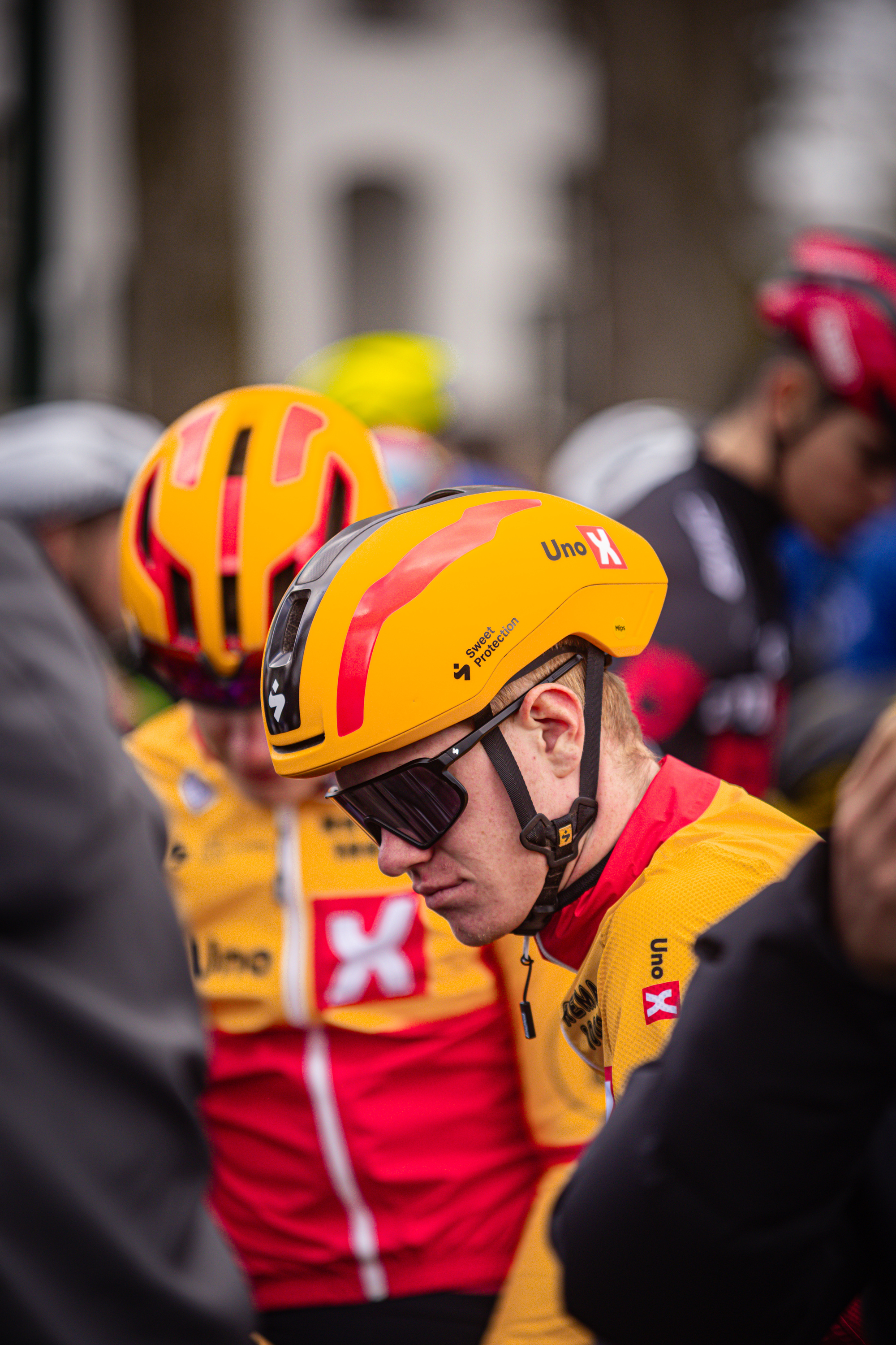 Group of cyclists wearing yellow and black helmets.