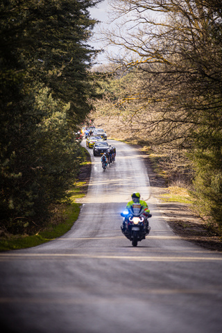 Several cyclists are racing down a road in the 2024 Olympics.