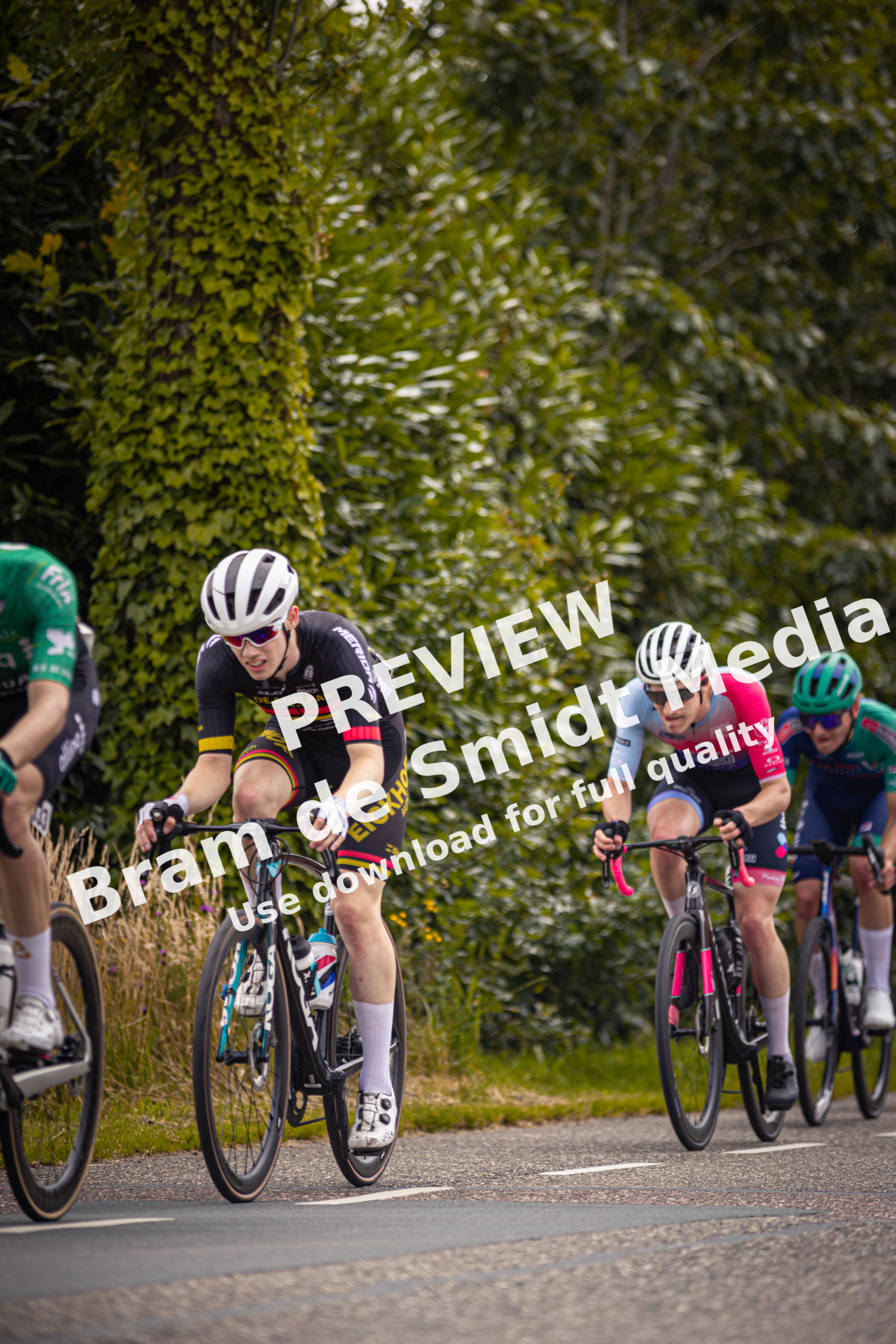 Four cyclists racing on a road for the Midden Brabant Poort Omloop race.