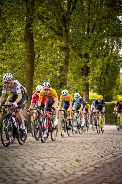 Several cyclists race down a cobblestone street in the Midden Brabant Poort Omloop.