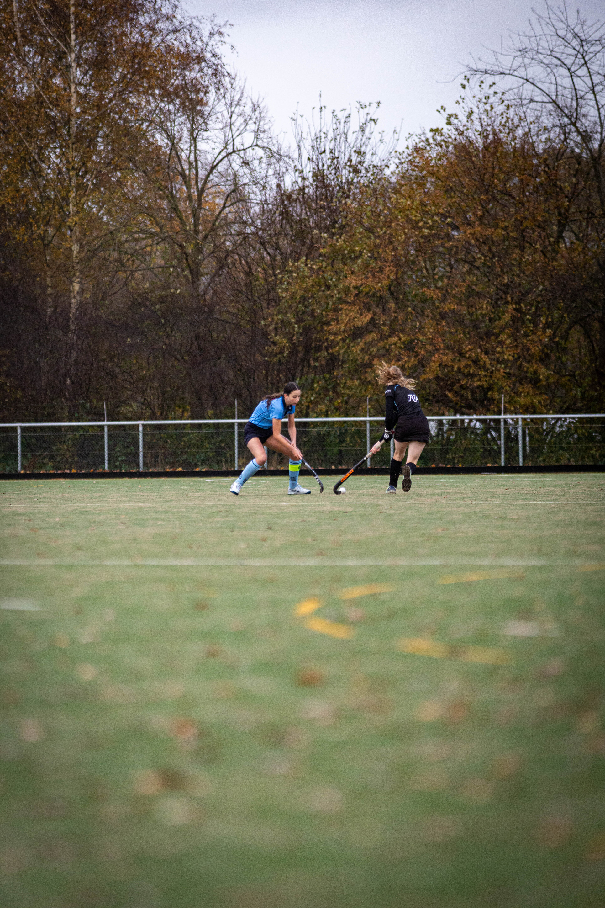 An athlete in a blue jersey and black pants playing hockey.