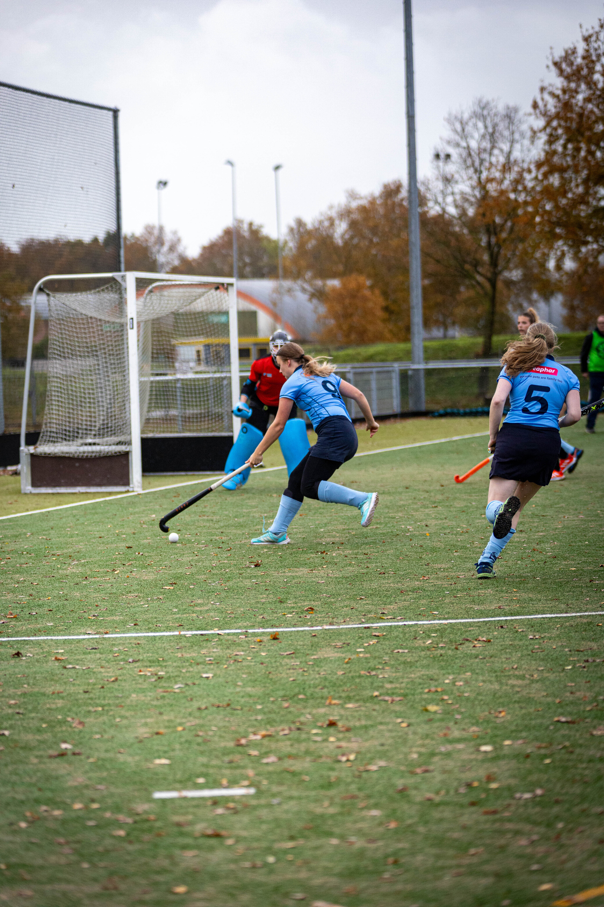 Hockey players are on the field wearing blue jerseys.