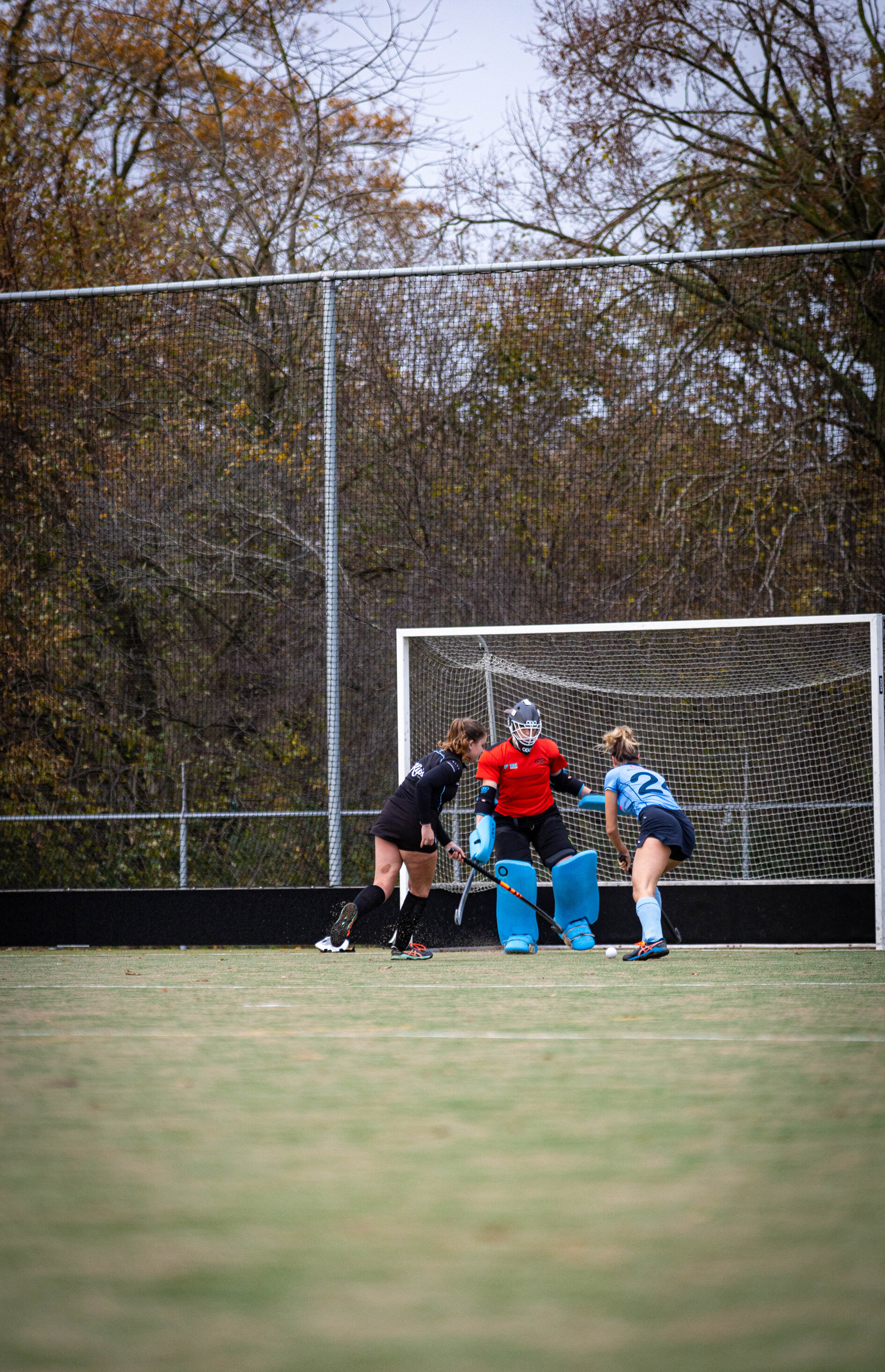 A group of people playing hockey in front of a goal.