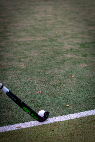 A hockey stick with a blue and white handle on top of the ground.