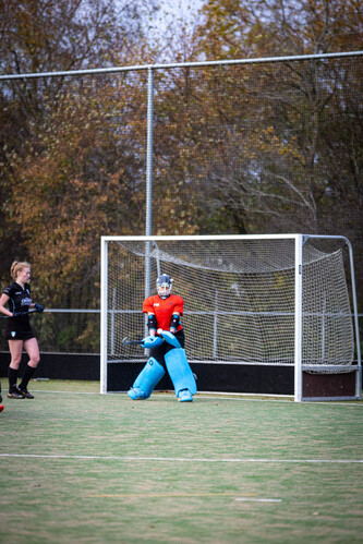 A goalie stands in front of a goal, ready to protect the net.