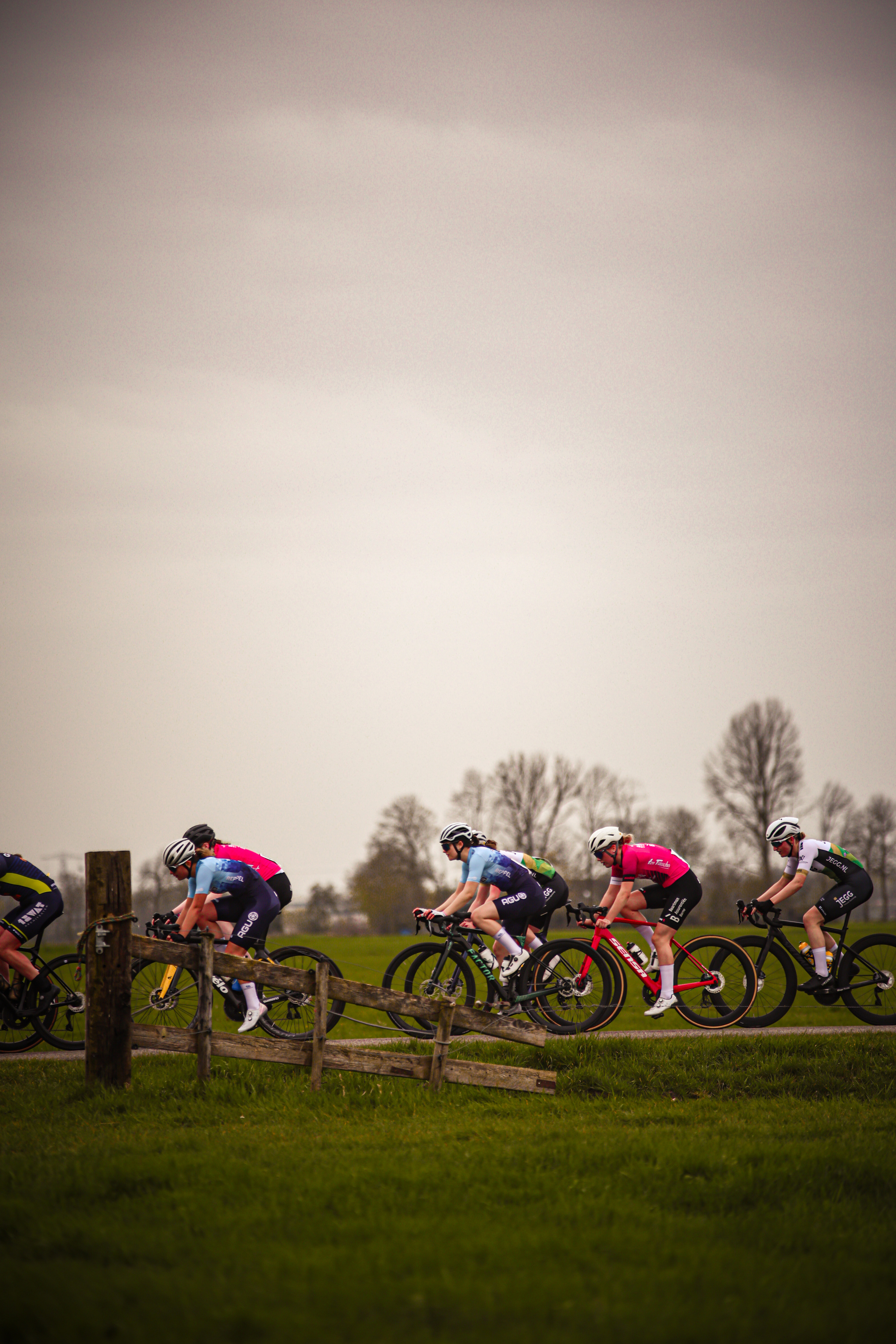 A group of cyclists are racing on a grassy course. The lead cyclist is wearing a jersey with the number 1 on it.